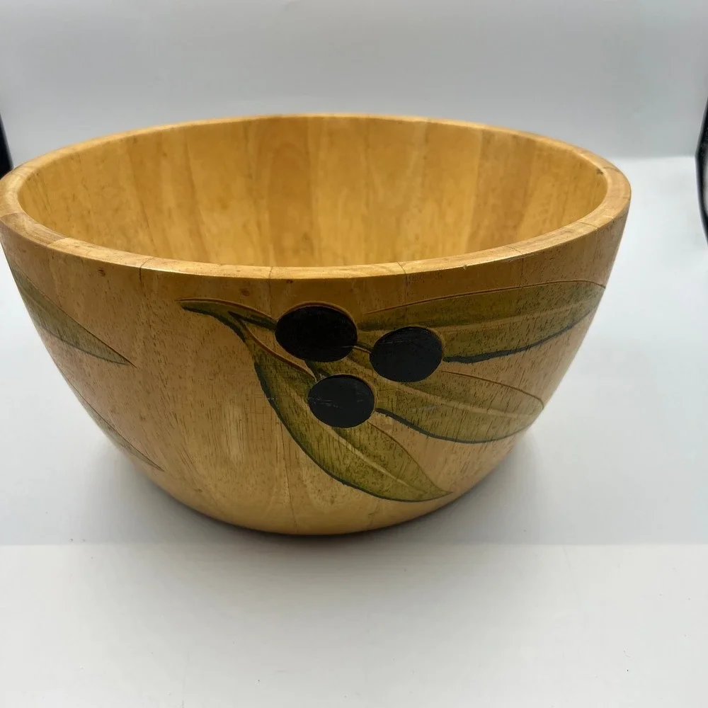 Vintage 2002 Clay Art Handmade Thai Wood Bowl Painted Olive Branch 10 Inch